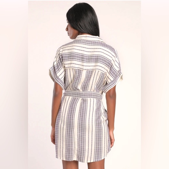 LULUS Beach Weekend Cream and Purple Striped Button-Up Shirt Dress Belted Lined - Picture 5 of 15
